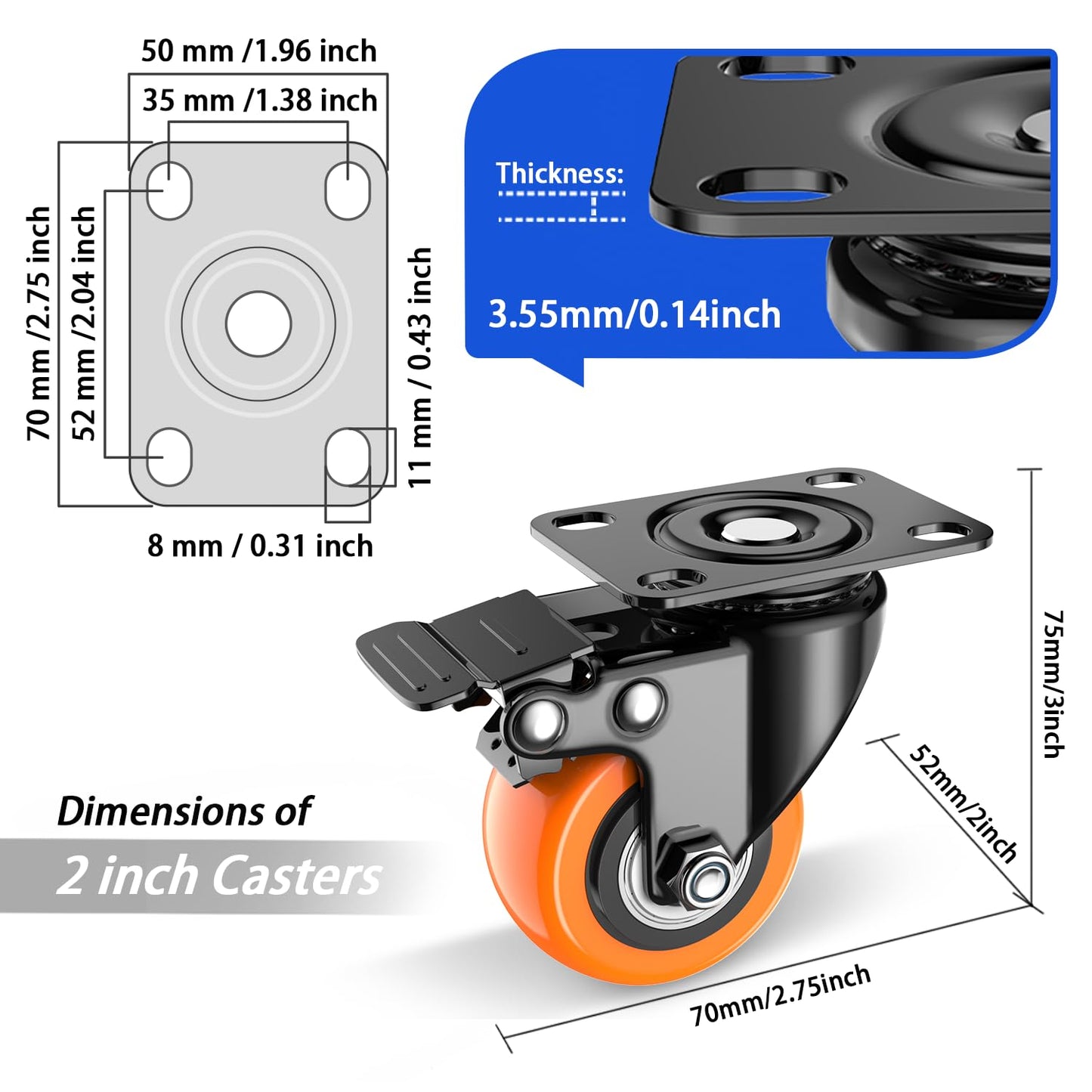 2 Inch Caster Wheels Set of 4, Heavy Duty Casters with Brake, No Noise Locking Swivel Casters with Polyurethane (PU) Wheels, Casters Wheels for Cart, Furniture and Workbench (Two Hardware Include)