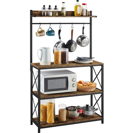 Yaheetech Kitchen Bakers Rack with Storage, 36.5" Width Utility Storage Shelf Coffee Bar with 5 Hooks, Large Microwave Stand for Kitchen, Dining Room, X Designed, Rustic Brown