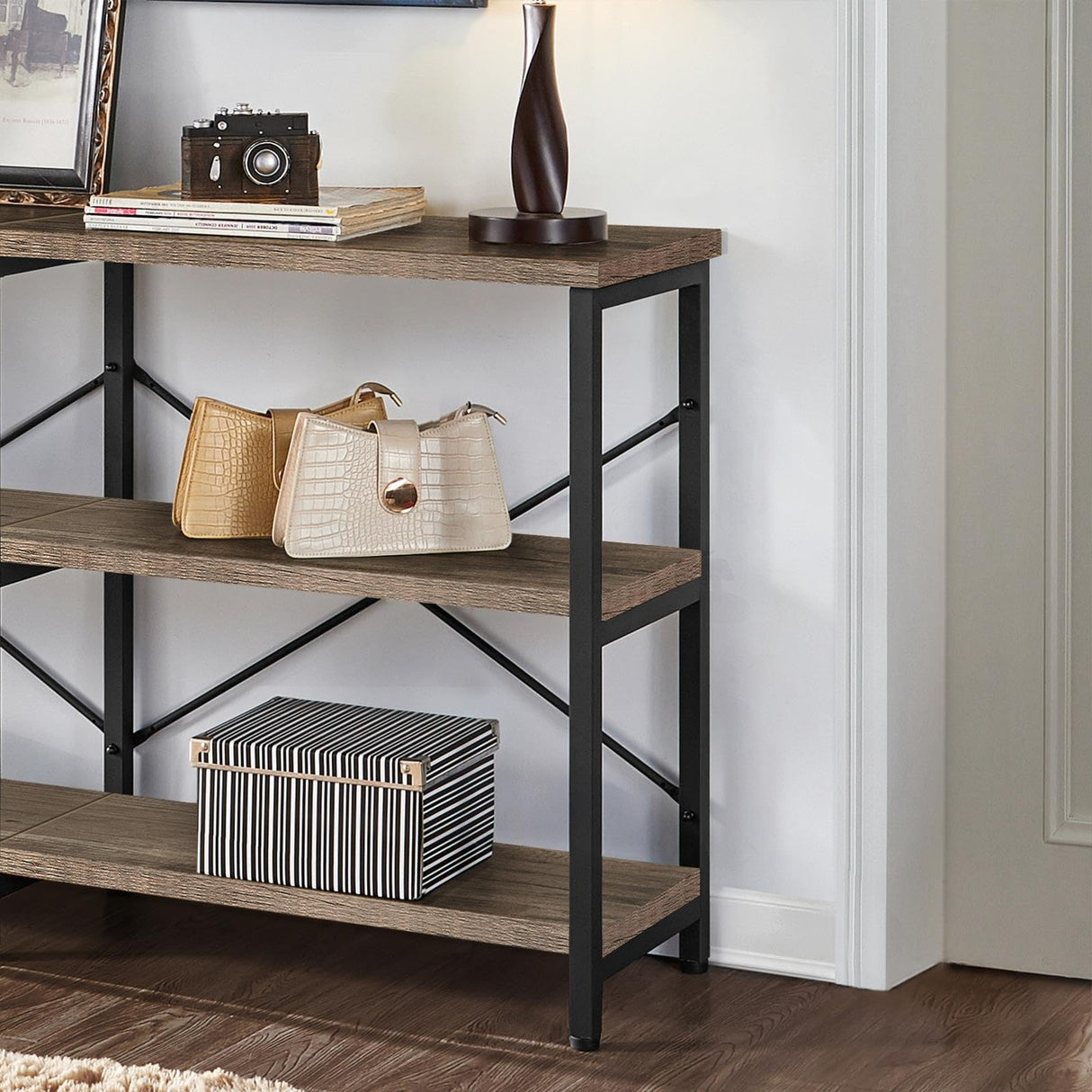 Yaheetech TV Stand for TV up to 65 Inch, 55 Inch Media Console Table with 3-Tier Storage Shelves for Living Room, Entertainment Center with Metal Frame, Taupe Wood Yaheetech