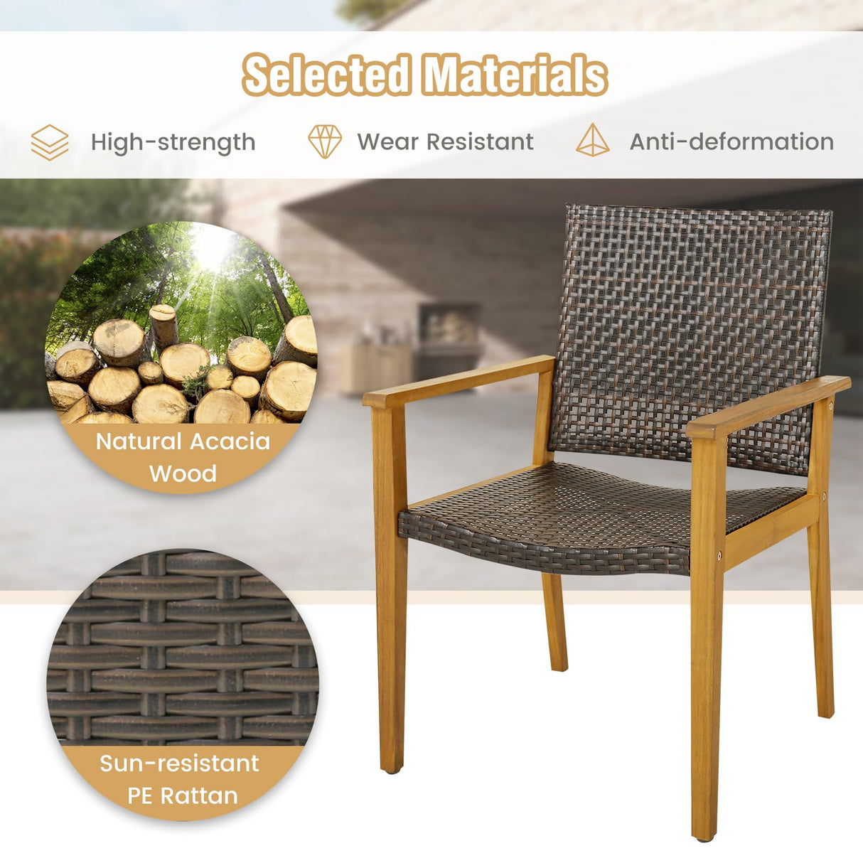 Tangkula Patio Dining Chairs Set of 4, Outdoor Acacia Wood & PE Wicker Chairs with Armrests, Outdoor Rattan Armchairs for Garden, Backyard, Poolside, Balcony (Mix Brown) Tangkula