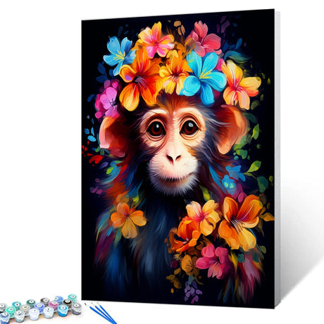 Tucocoo Monkey Flowers Paint by Numbers Kits 16x20 inch Canvas DIY Oil Painting for Adults with Brushes and Acrylic Pigment - Cute Animal Close-up Picture for Home Decor Gifts (Without Frame) Tucocoo