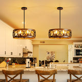 XINGQI Dining Room Chandelier 5-Light Black Modern Chandelier 21.7'' Farmhouse Drum Pendant Light Fixture for Living Room Kitchen Island Bedroom Office with Wood Grain Finish XINGQI