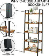 ASTARTH Ladder Shelf-5 Tier Bookshelves w/Open Shelf for Storage, Industrial Bookshelf & Tall Ladder Shelf-Metal Frame for Bedroom, Living Room, Kitchen-67.3'' H, Easy Assembly, Rustic Brown (HD021) ASTARTH