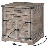 RALGEND Farmhouse End Table with Charging Station, 24'' Sofa Side Table with 2 Drawers and Barn Door, Large Rustic Wooden Square Nightstand for Bedroom, Living Room, Greige RALGEND