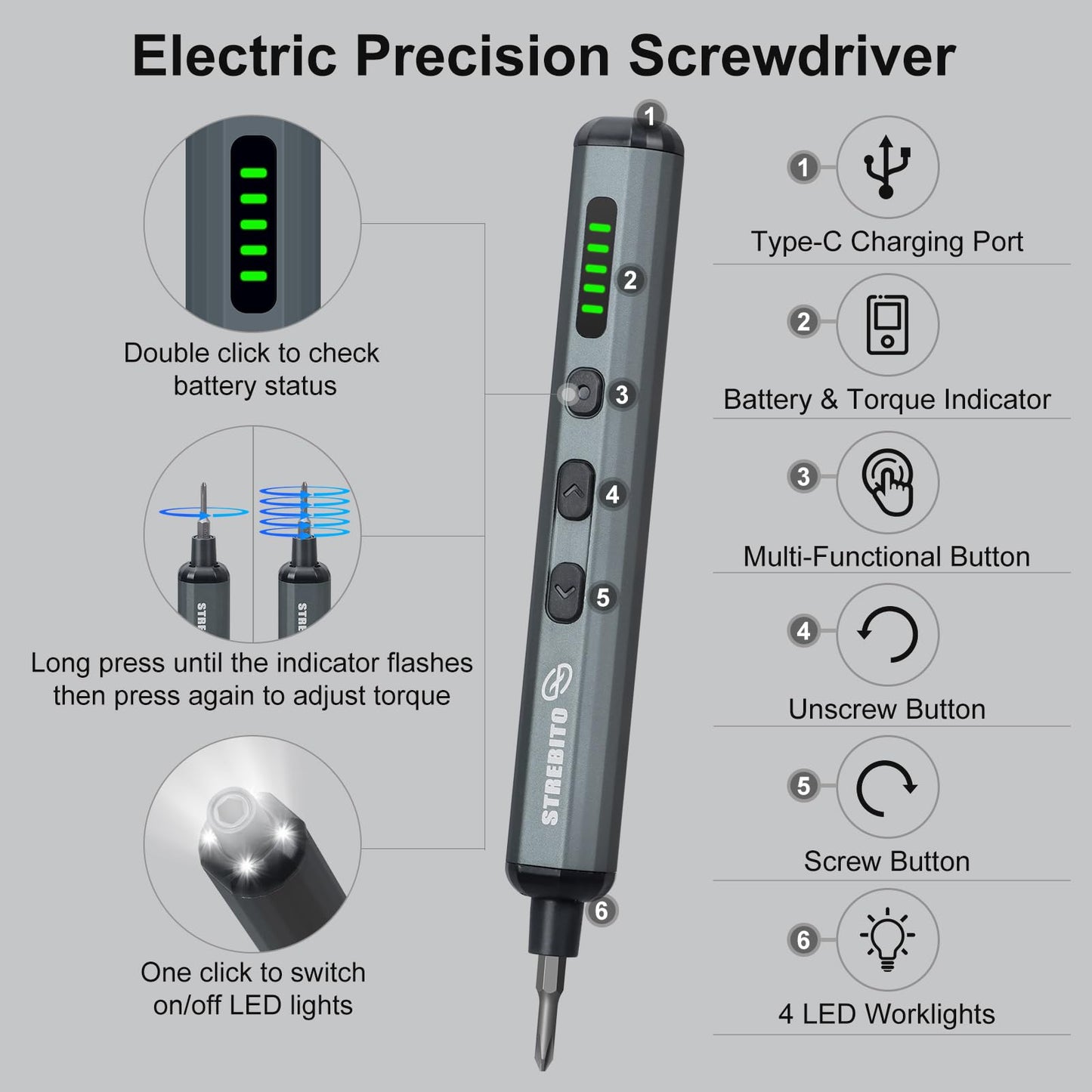 STREBITO Mini Electric Screwdriver Set, 70 in 1 Small Electric Screwdriver Cordless - 64 S2 Preicison Bits, 5 Torque Settings, 4 LED Lights, Mini Power Screwdriver Repair Tool Kit for PC RC E - WoodArtSupply