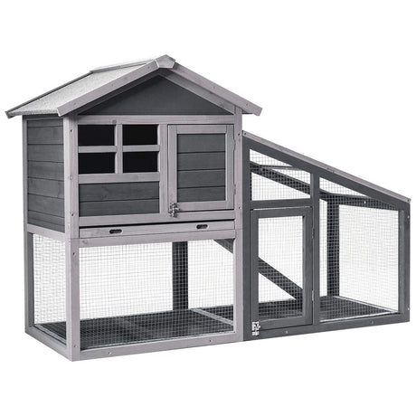 Tangkula Rabbit Hutch Indoor Outdoor, Wooden Chicken Coop, Bunny Hutch with Run, Ventilation Door, Removable Tray, Ramp, Sunlight Panel, Backyard Garden Animals Pet Cage (Gray) Tangkula
