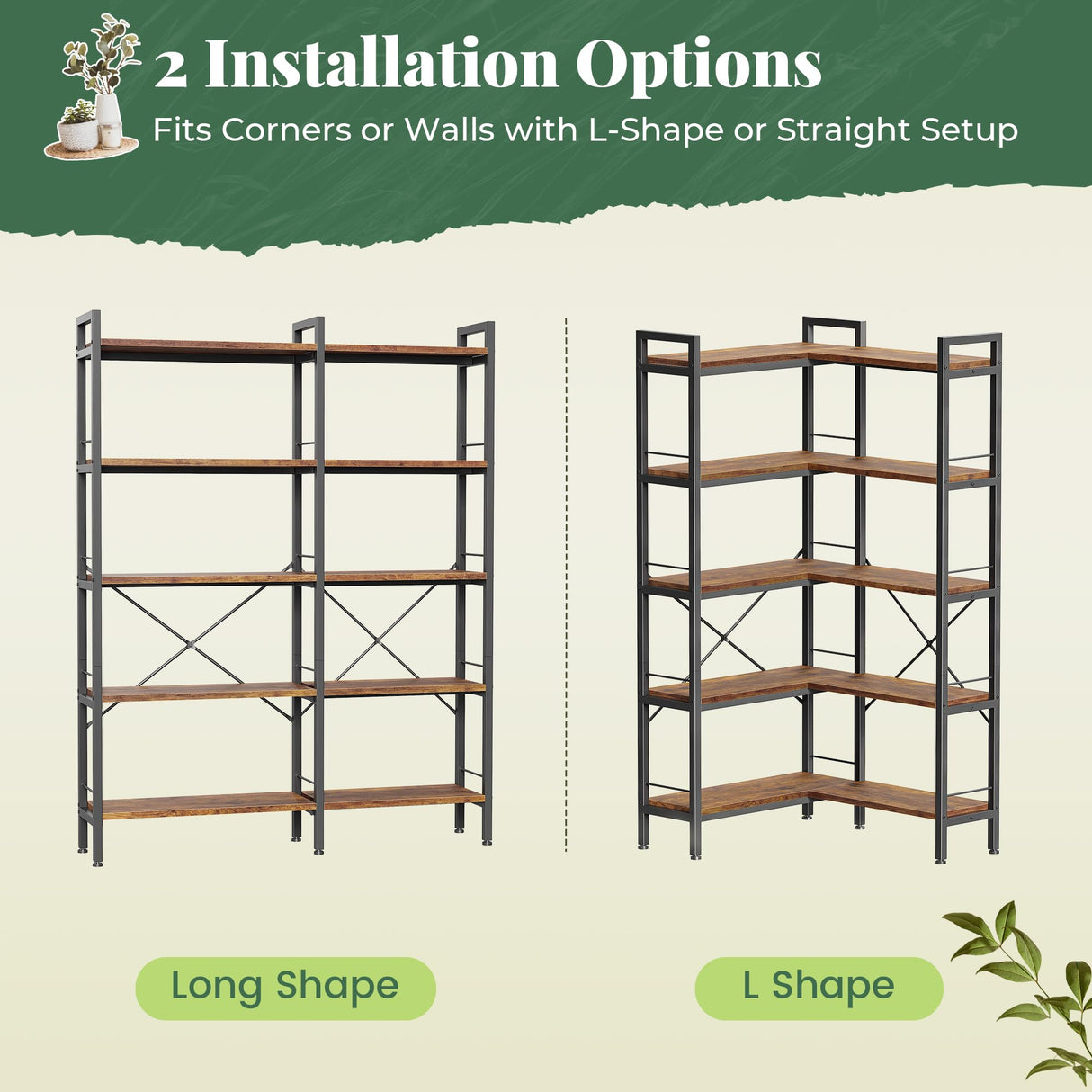 Huuger 5 Tier Bookshelf, L Shaped Corner Bookshelf with 10 Open Shelves, 49.4 Inch Straight Wide Bookcase with Metal Frame and Wooden Board, Adjustable Feet, Rustic Brown Huuger