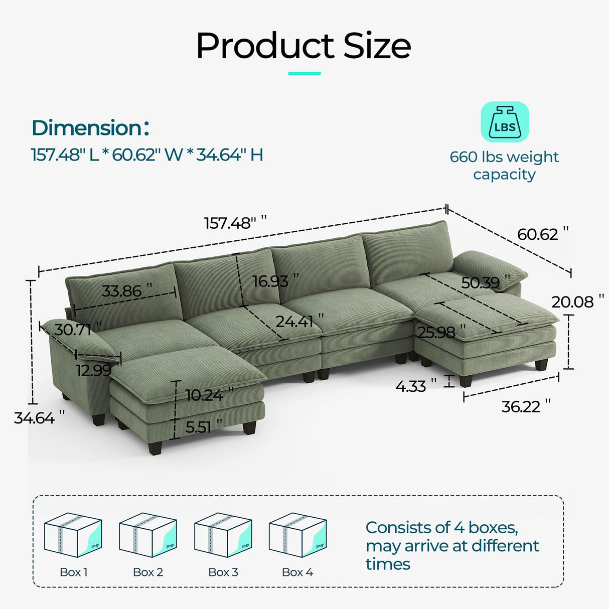 LINSY HOME 157'' Modular Sectional Sofa Green Couch Corduroy Cloud Couches for Living Room, U Shaped Couch with Movable Ottoman, Modern Cloud Sectional Sofas for Bedroom and Apartment, Green LINSY HOME
