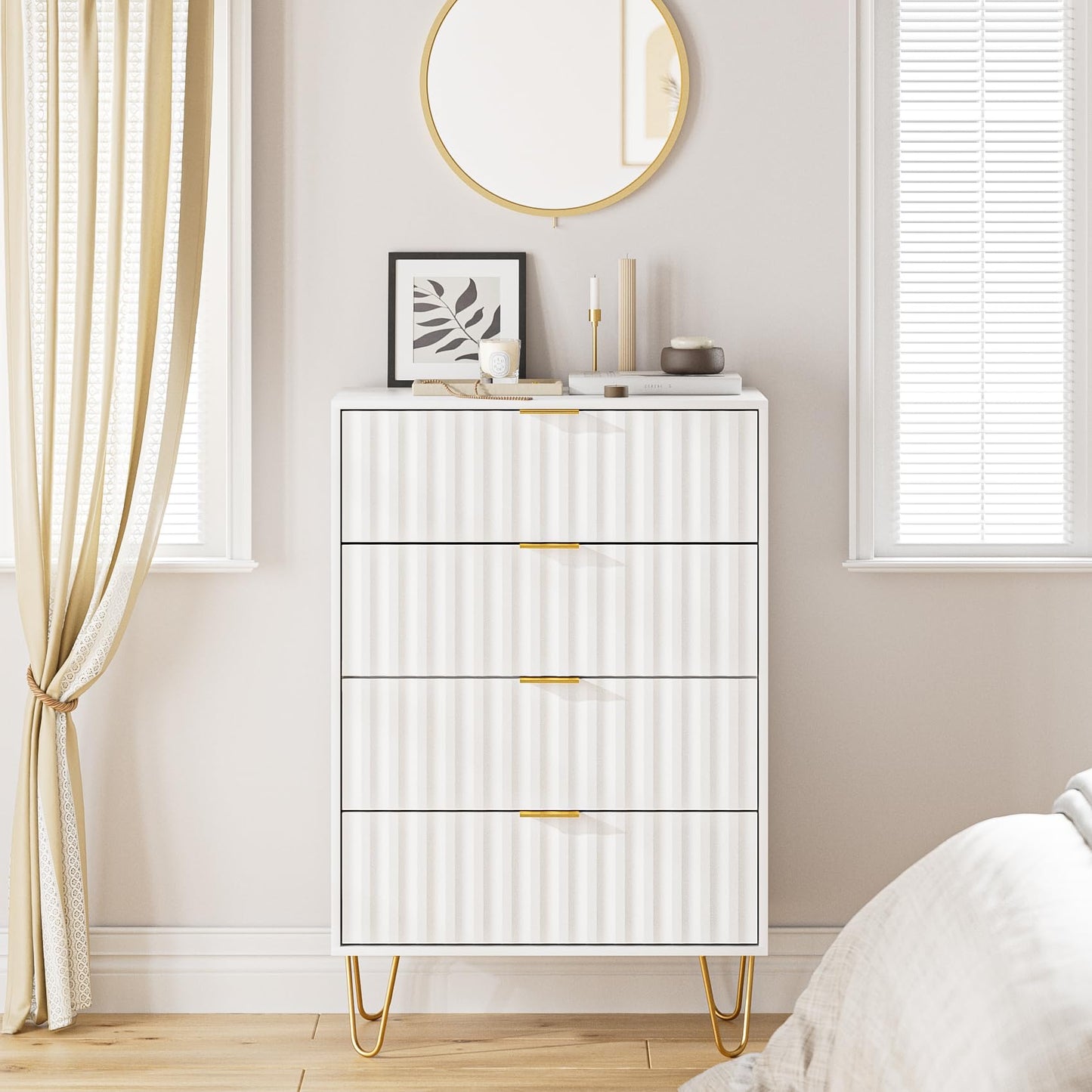 Aienvey Dresser for Bedroom with 4 Drawers, Chest of Drawers, Tall Storage Dresser Chest Cabinet Organizer Unit with Metal Legs, Small Dresser for Bedroom, Living Room, Closet, Hallway,Fluted,White