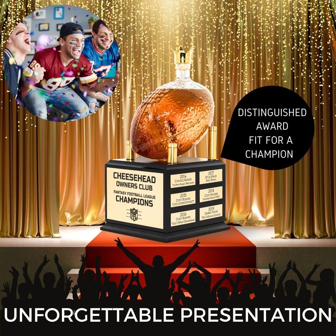 Whiskey Decanter Fantasy Football League Trophy - Customizable FFL Champion Award with Personalized Winner Name Plates - Gold Crown Stopper (Pressed Wood) Alpha Awards
