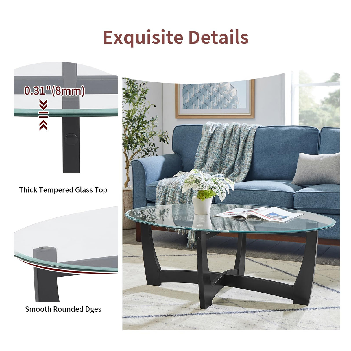 LKTART 48" Oval Glass Coffee Table with Tempered Glass Top Cross and Solid Wood Base Simple & Modern Center Table for Living Room Office Apartment Black LKTART