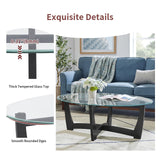 LKTART 48" Oval Glass Coffee Table with Tempered Glass Top Cross and Solid Wood Base Simple & Modern Center Table for Living Room Office Apartment Black LKTART