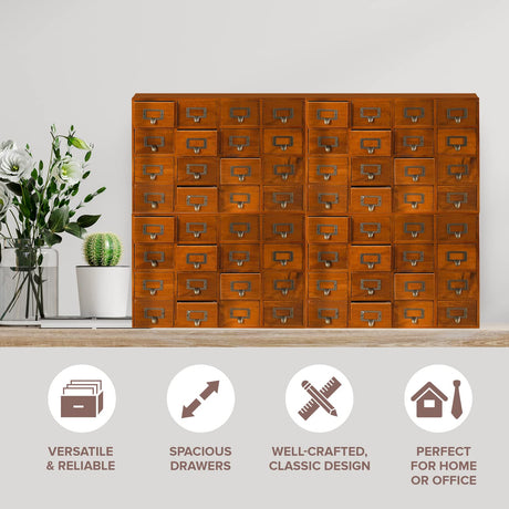 Huge 64-Drawer Wooden Storage Box Traditional Apothecary Curio Cabinet in Vintage Wood - Card Catalog Library Desk Drawer w/Label Holders Handles - Multi Level Countertop Arts and Craft Organizer Woodaholic