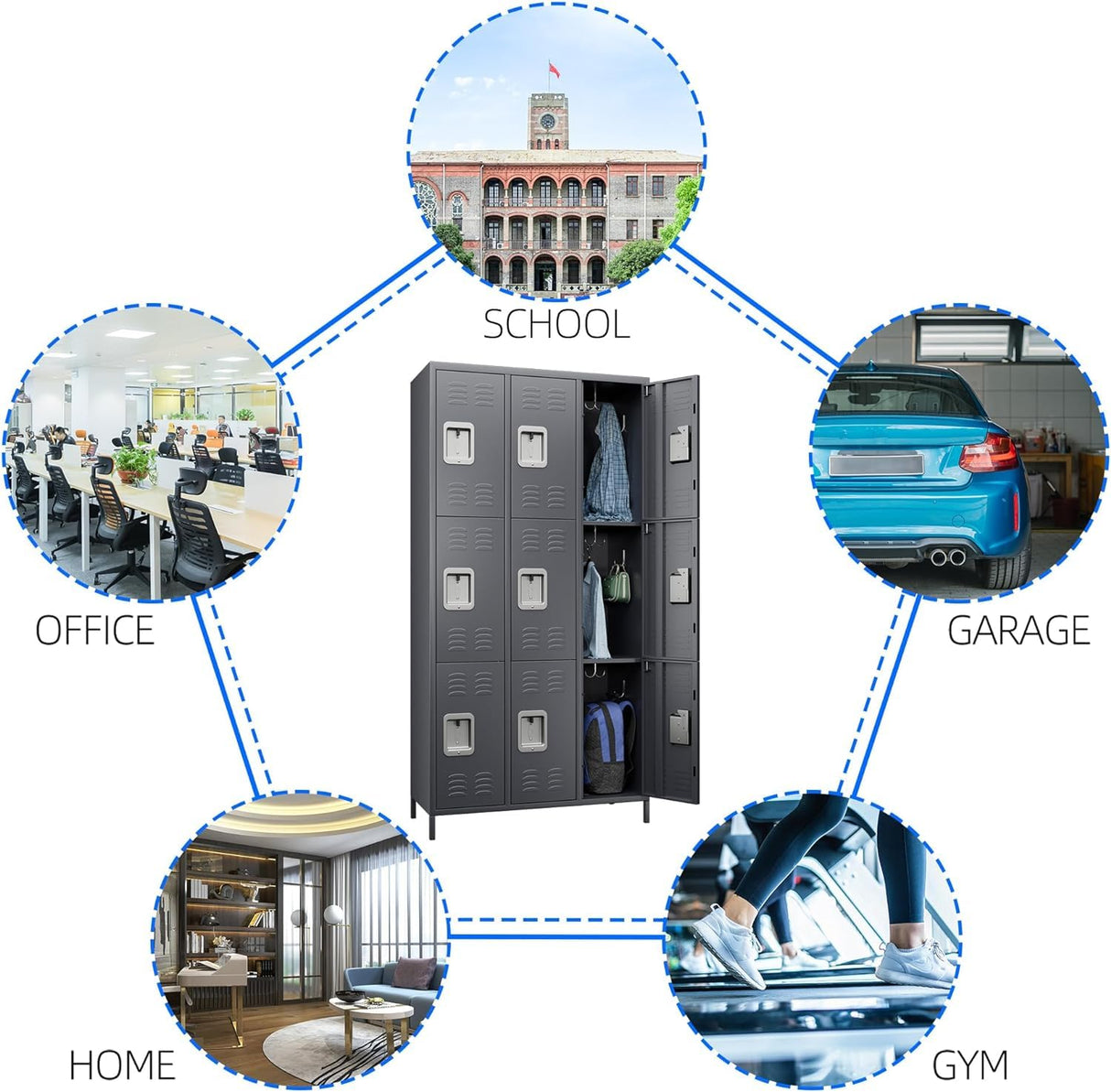 GangMei Metal Lockers for Employees with Loc, Locker Storage Cabinet with 18 Hooks&9 Doors, Steel Storage Locker Cabinet for School, Office, Gym, Bedroom,Assembly Required (Dark Grey) GangMei