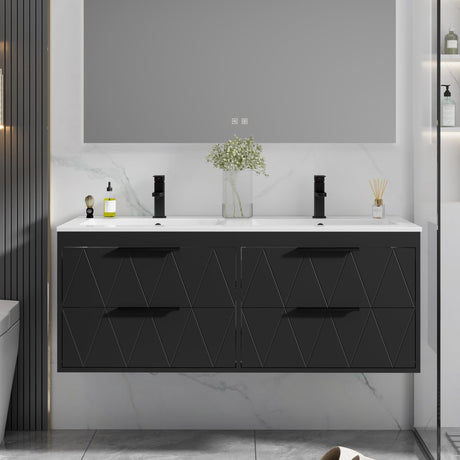 eclife 48" Bathroom Vanities Cabinet with Sink Combo, Wall Mounted Floating Cabinet W/Decor Line, Soft-Close System, 4 Extra Big Drawers, Matte Black Faucet, Black eclife