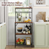 Korfile Kitchen Bakers Rack with Storage Shelves, Small Coffee Bar Table with 8 Hooks, 4 Tiers Microwave Stand Station with Adjustable Shelves, Freestanding Kitchen Appliance Organizer, Rustic Brown Korfile