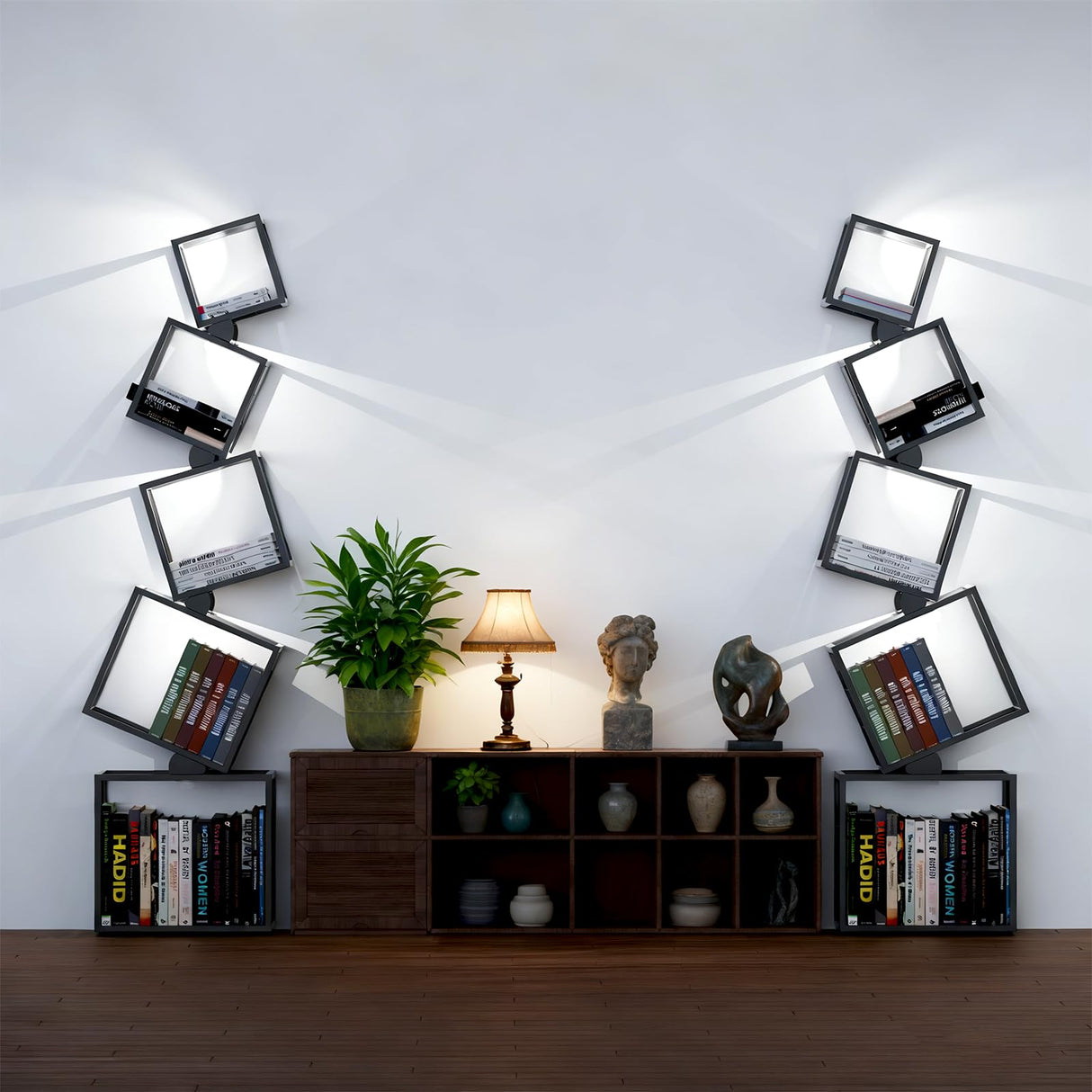 sugitek 5-Tier Skinny Bookshelf with Unique Geometric Design - Modern Metal Bookcase with LED Lights, Space-Saving Narrow Organizer for Living Room, Bedroom, Office, Corner- Black sugitek