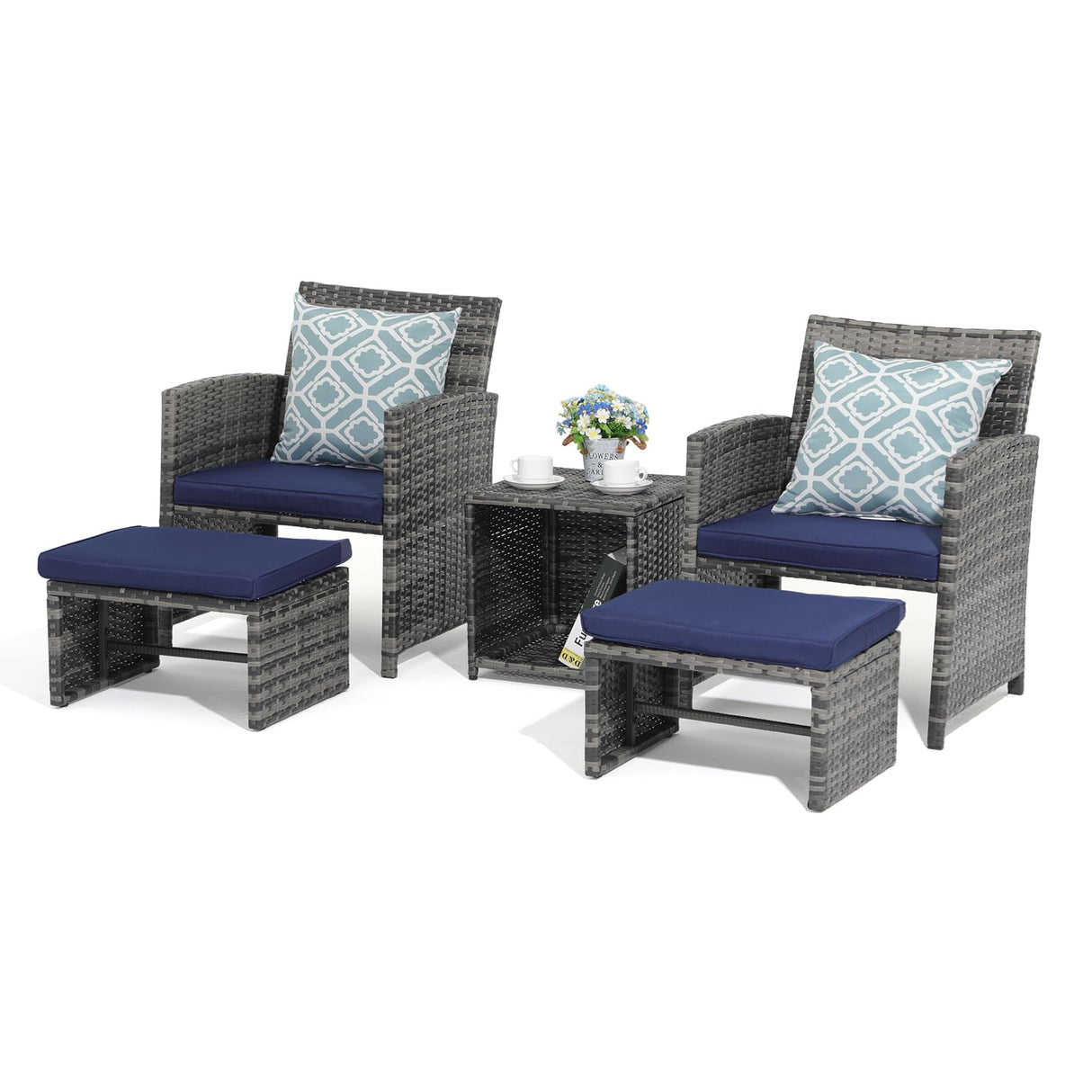 OC Orange-Casual 5 Piece Patio Furniture Set, Wicker Outdoor Conversation Chair and Ottoman Set with Coffee Table, Pillows Included, for Balcony, Porch, Deck, Navy Blue OC Orange-Casual