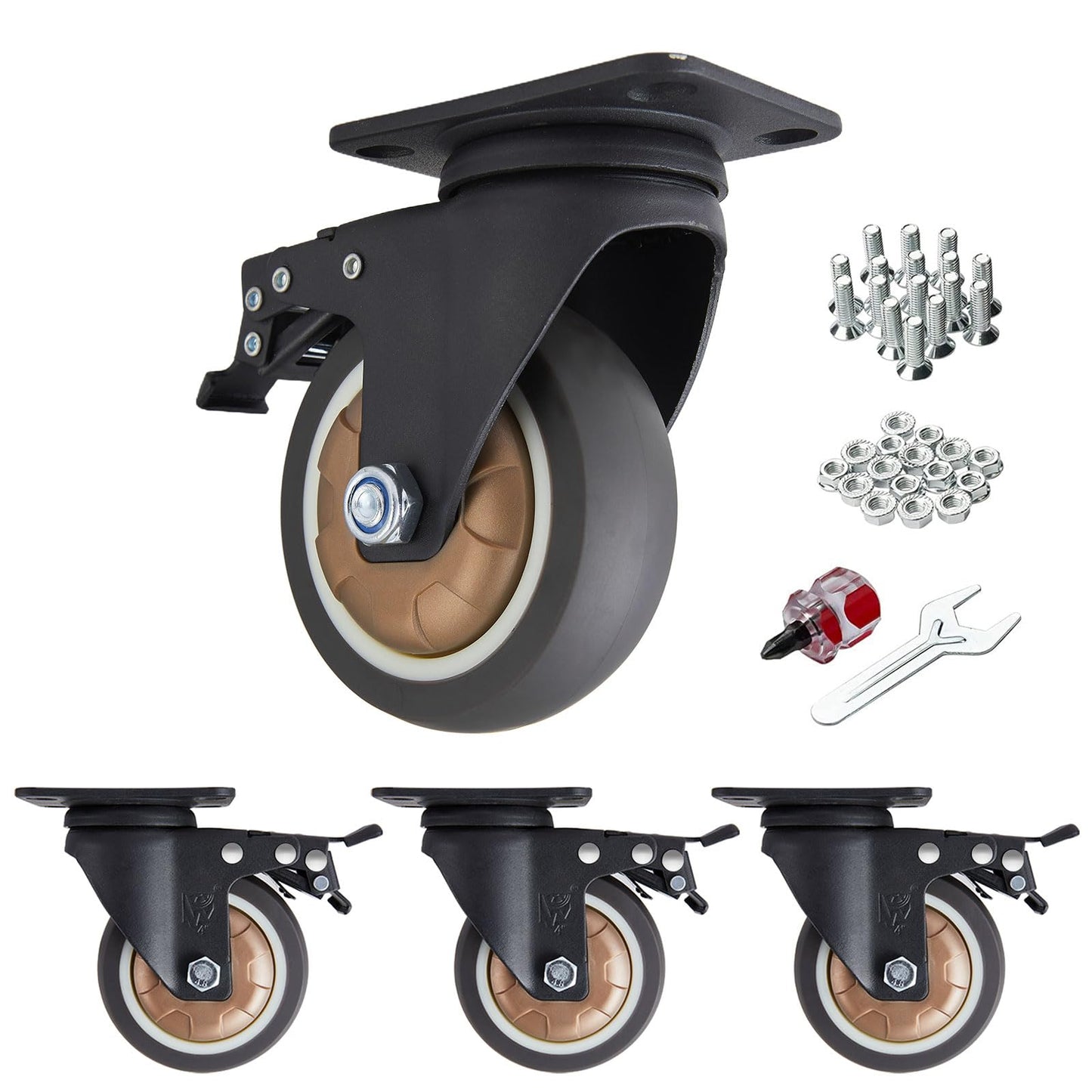 4 inch Caster Wheels Set of 4, Industrial Heavy Duty Swivel Casters with Dual Brake No Noise Locking Plate Casters with Thermoplastic Rubber Load 1200Lbs for Cart Furniture Black Brown