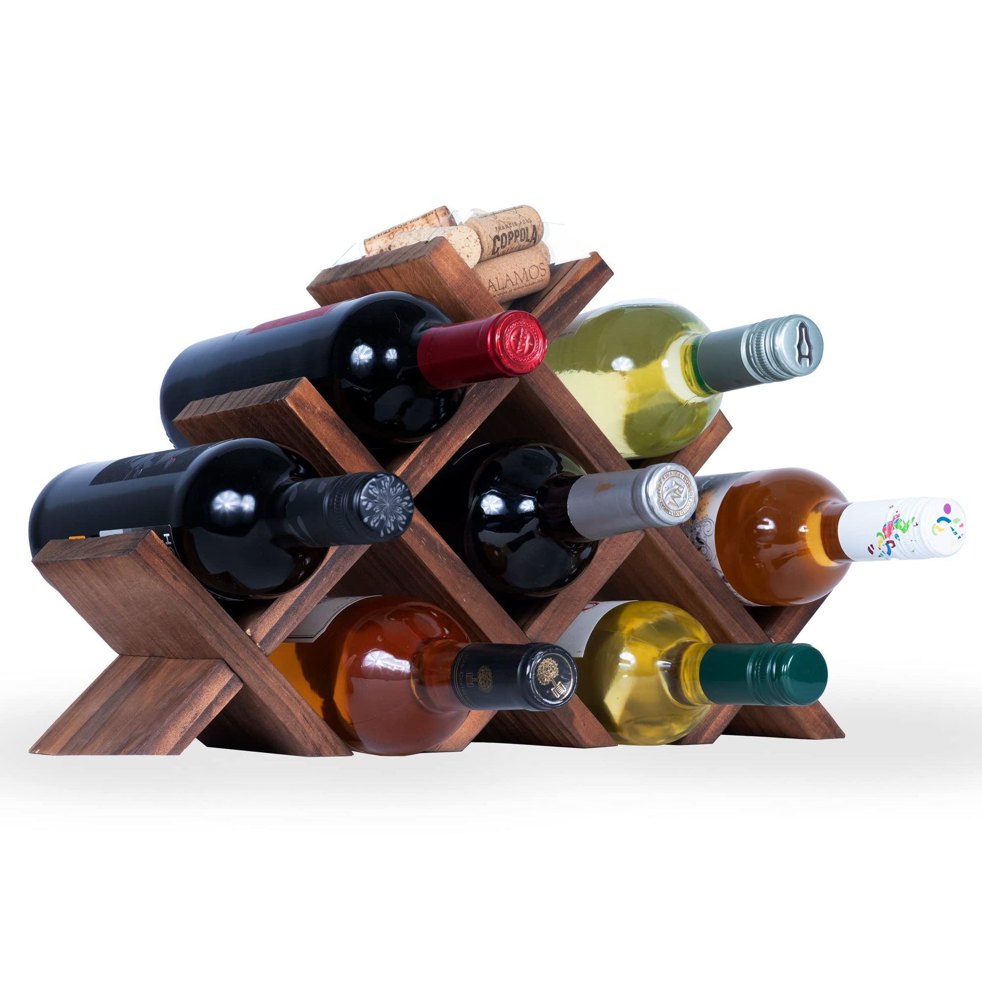 Rustic State Alella Countertop Wood Wine Rack for 8 Bottles Holder and Cork Storage Tabletop Butterfly Sleek Design Freestanding Organizer - Home, Kitchen, Dining Room Bar Décor - Walnut - WoodArtSupply