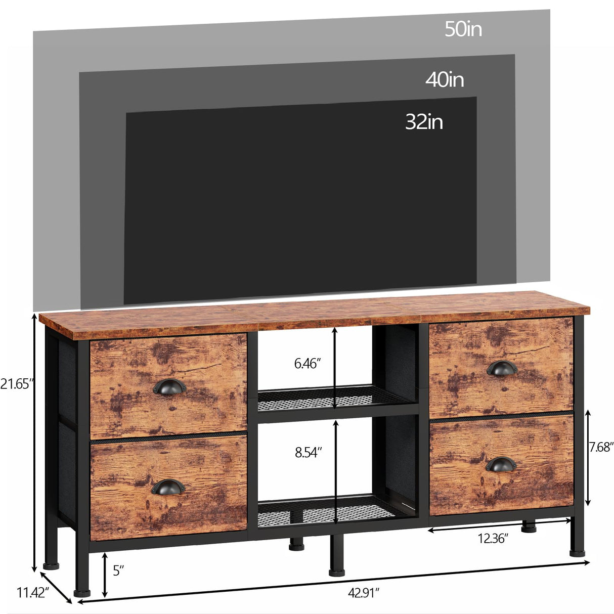 Furologee TV Stand Dresser with 4 Drawers, Small TV Console Table with Open Shelf, Entertainment Center for 50" TV, Industrial Media Center for Bedroom, Living Room, Rustic Brown Furologee