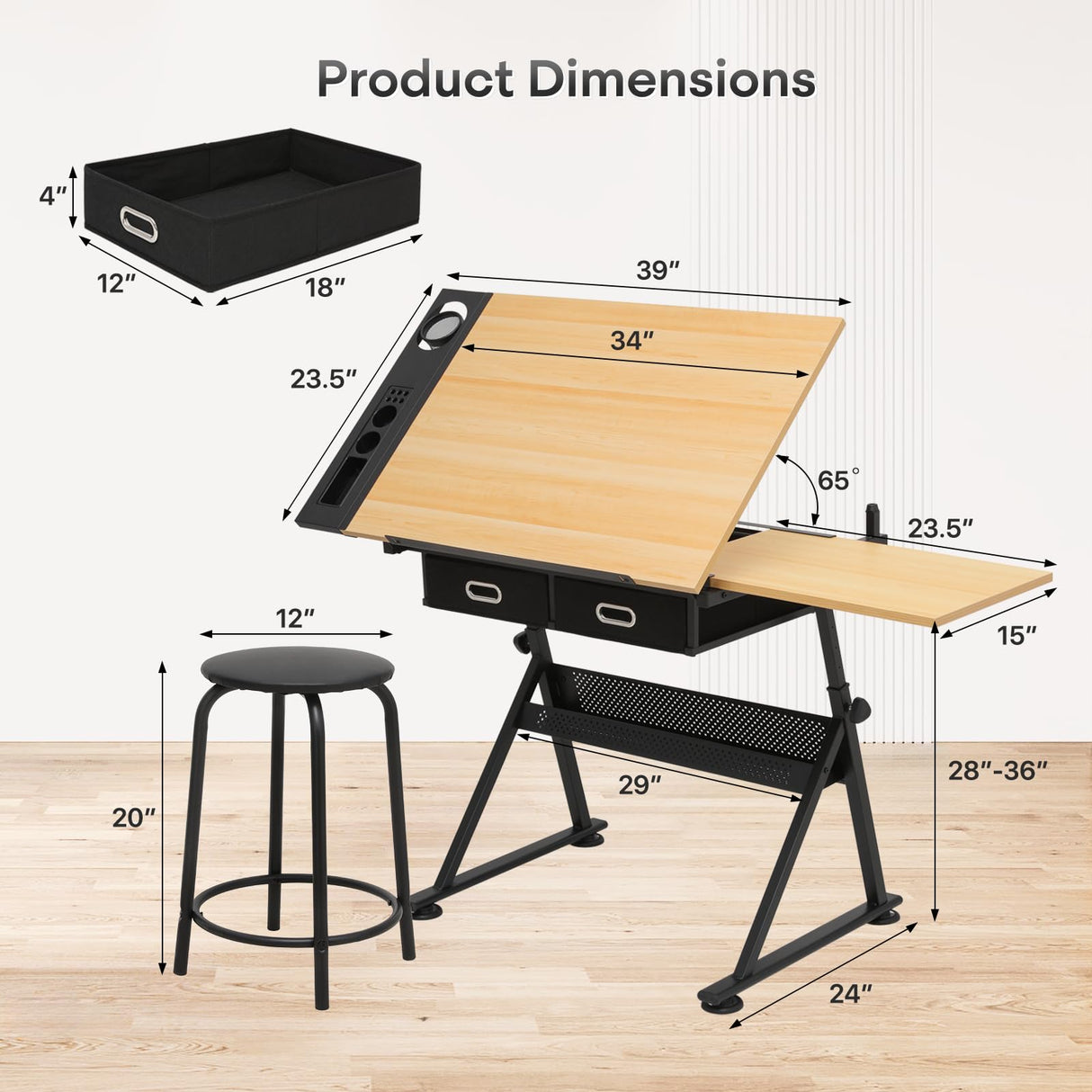 Athena Collection Drafting Table for Artists, Height Adjustable Drawing Table, Dual Desktop Art Desk Metal Frame Art Table Tiltable Craft Desk Paintings Work Station with Stool and Drawers, Natural Athena Collection