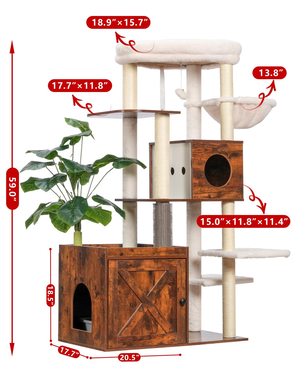 Gitelsnour Cat Tree with Litter Box Enclosure, Large Wooden Cat Tower Cat Condo for Indoor Cats with Play Garden (Leaf, Lawn, Hair Rubbers), Modern Cat House, Rustic Brown GCT110SR