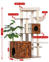Gitelsnour Cat Tree with Litter Box Enclosure, Large Wooden Cat Tower Cat Condo for Indoor Cats with Play Garden (Leaf, Lawn, Hair Rubbers), Modern Cat House, Rustic Brown GCT110SR Gitelsnour