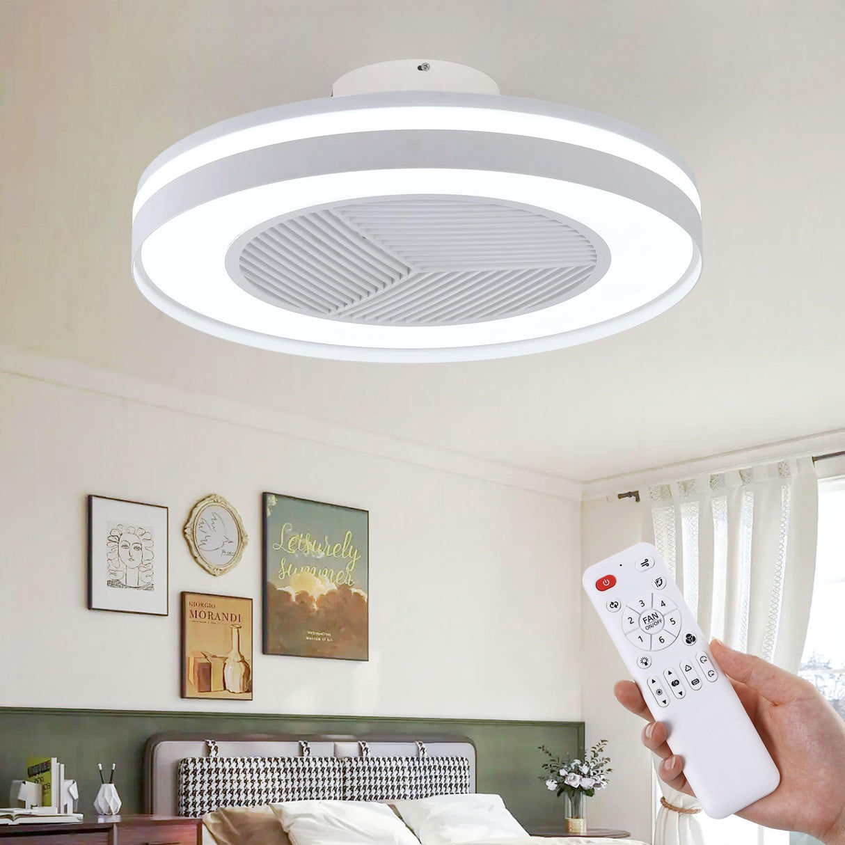 HUMHOLD Smart Low Profle Ceiling Fans with 3-Dimmable Light Remote/APP Control, 20" Bladeless Ceiling Fans with 6 Speeds, Timer, Quiet DC Motor, Ceiling Fan with Light for Kids Bedroom/Living Room HUMHOLD