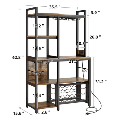 YITAHOME Rustic Brown Kitchen Microwave and Wine Rack with Power Outlet - Multifunctional Storage Solution for Dining Room and Coffee Bar