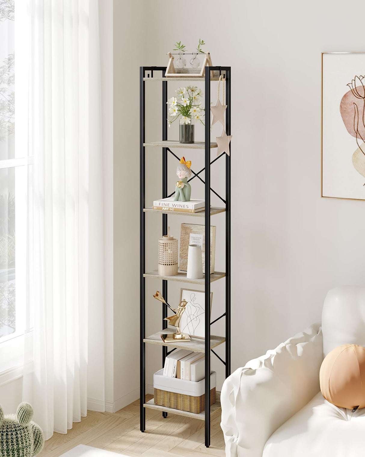 Hzuaneri Bookshelf, Book Shelf, Industrial Bookcase with 2 Hooks, Coner Shelf Storage Organizer for Home Office, Living Room, Bedroom, Kitchen, 6-Tier Greige BC10705B Hzuaneri