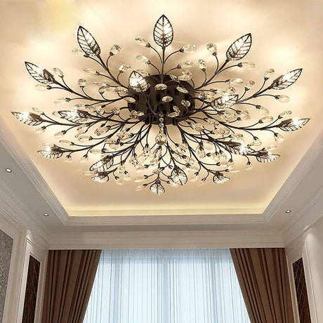 Modern Crystal Ceiling Light Fixture,Semi Flush Mount Chandeliers,Crystal Leaf Ceiling Light, Chandeliers for Dining Room,Living Room,Bedroom (Black, 15-Lights) Ridiss