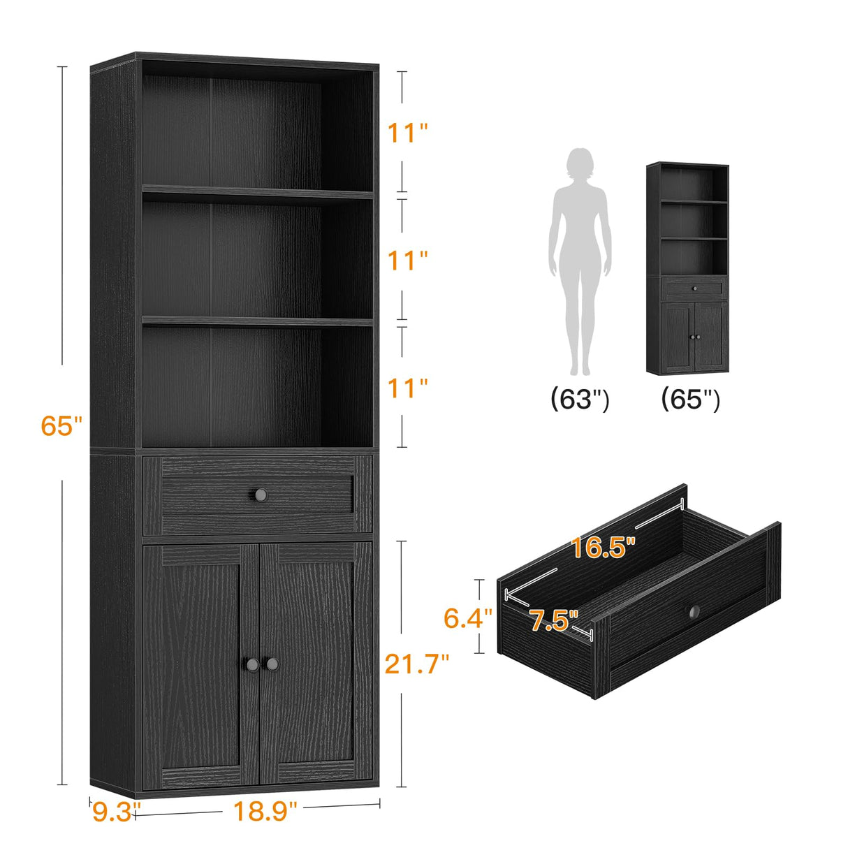 Casaottima Book Shelf & Bookcase with Doors and Drawer, 6-Tier Tall Bookshelf, Floor Standing Display Storage Shelves for Home Office, Living Room, Black Casaottima