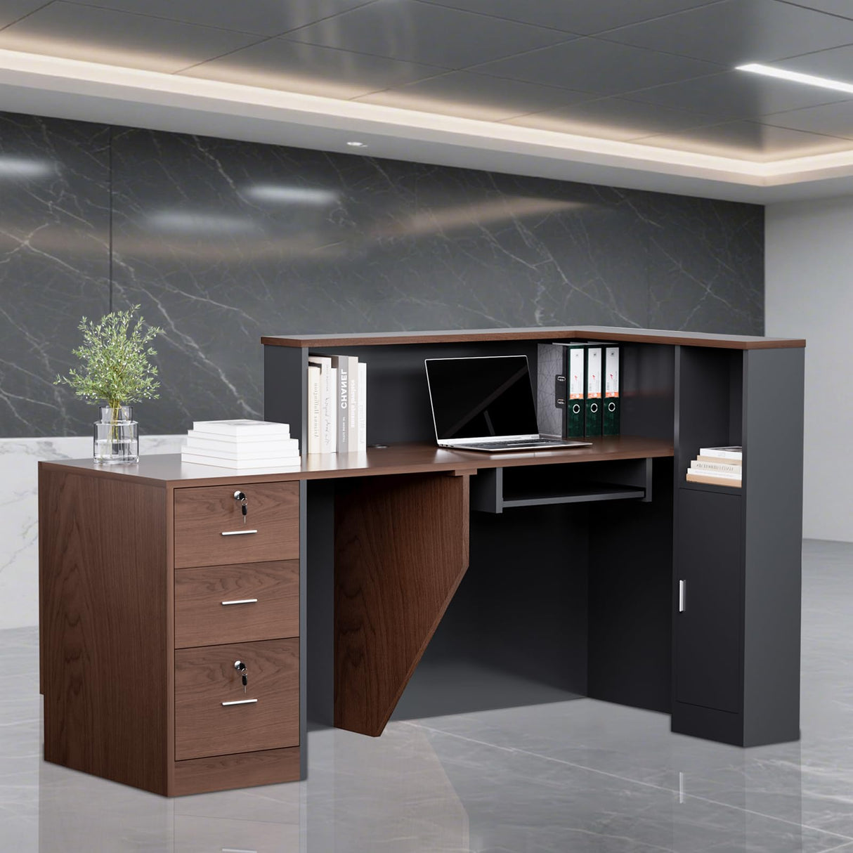 kaiwrxin L-Shaped Modern Reception Desk with Counter & Storage - 71" Large Office Front Desk, Salon Checkout Counter with Lockable Cabinets, Shelves(Brown & Black, Left - 71''L x 34''W x 41''H) kaiwrxin