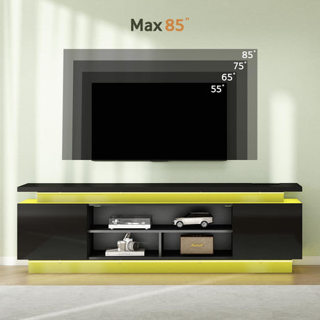 Lamtor 70 Inch TV-Stand - Television Stands for 75 80 85 Inch TV - 2 Tier Entertainment Center with 4 AC Outlets & 2 Smart RGB LED Light Strips - Media Console Table for Living Room, Pure Black Lamtor