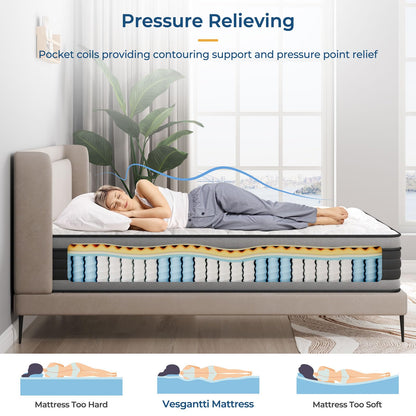 Vesgantti Twin Mattress, 10 Inch Hybrid Twin Size Mattress with Memory Foam and Individually Pocket Spring, Pressure Relief & Support, Medium Firm Feel, Mattress in a Box