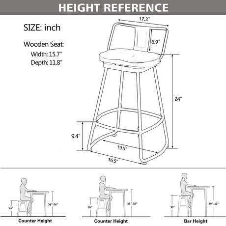 Yongqiang 24" Swivel Metal Bar Stools with Backs - Set of 2 Industrial Kitchen Chairs with Wooden Seats in Matte Black Yongqiang