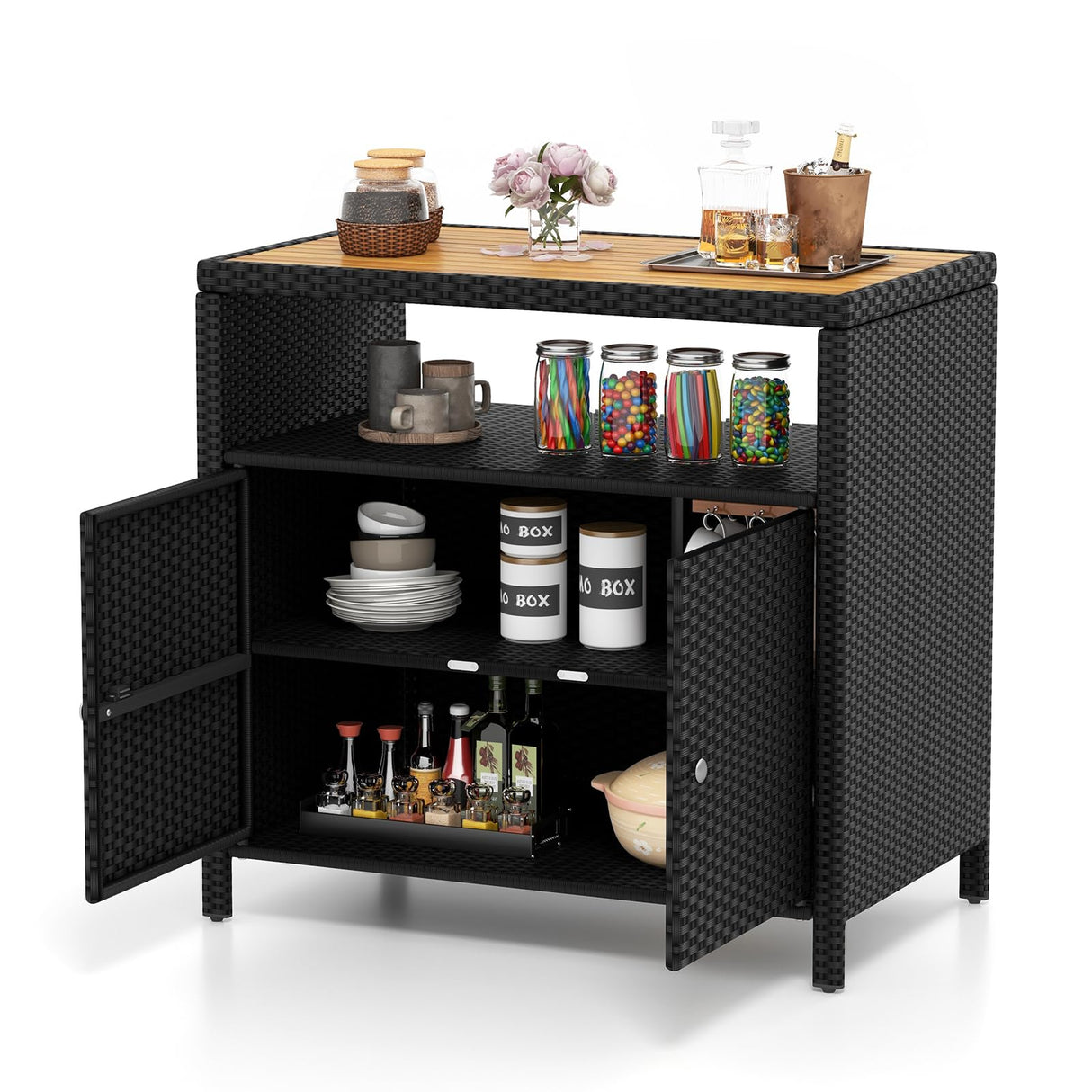 Tangkula Rattan Storage Cabinet, Outdoor Patiojoy Buffet Cabinet with Acacia Wood Countertop, Open Compartment & Enclosed Cabinet, 2-Door Wicker Sideboard, Storage Organizer for Poolside (Black) Tangkula