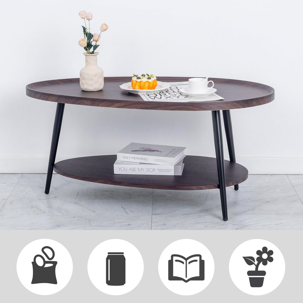 TDLEAYYD Oval Coffee Table, 2-Tier Coffee Table with Open Storage Shelf, 40" Modern Wood Center Table Tea Table for Living Room, Bedroom, Apartment, Dark Walnut TDLEAYYD