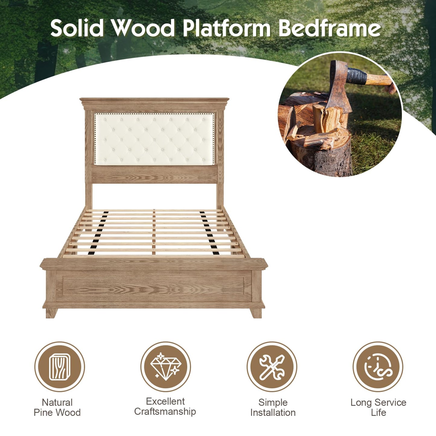 YUMPIE Queen Rustic Solid Wood Bed Frame With 68" Tall Headboard, Farmhouse Chenille Upholstered Panel Platform Bed Mattress Frame, Button Tufted/Antique Brass Nail Trim/No Box Spring Needed, Milk Ash