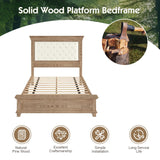 YUMPIE Queen Rustic Solid Wood Bed Frame With 68" Tall Headboard, Farmhouse Chenille Upholstered Panel Platform Bed Mattress Frame, Button Tufted/Antique Brass Nail Trim/No Box Spring Needed, Milk Ash YUMPIE