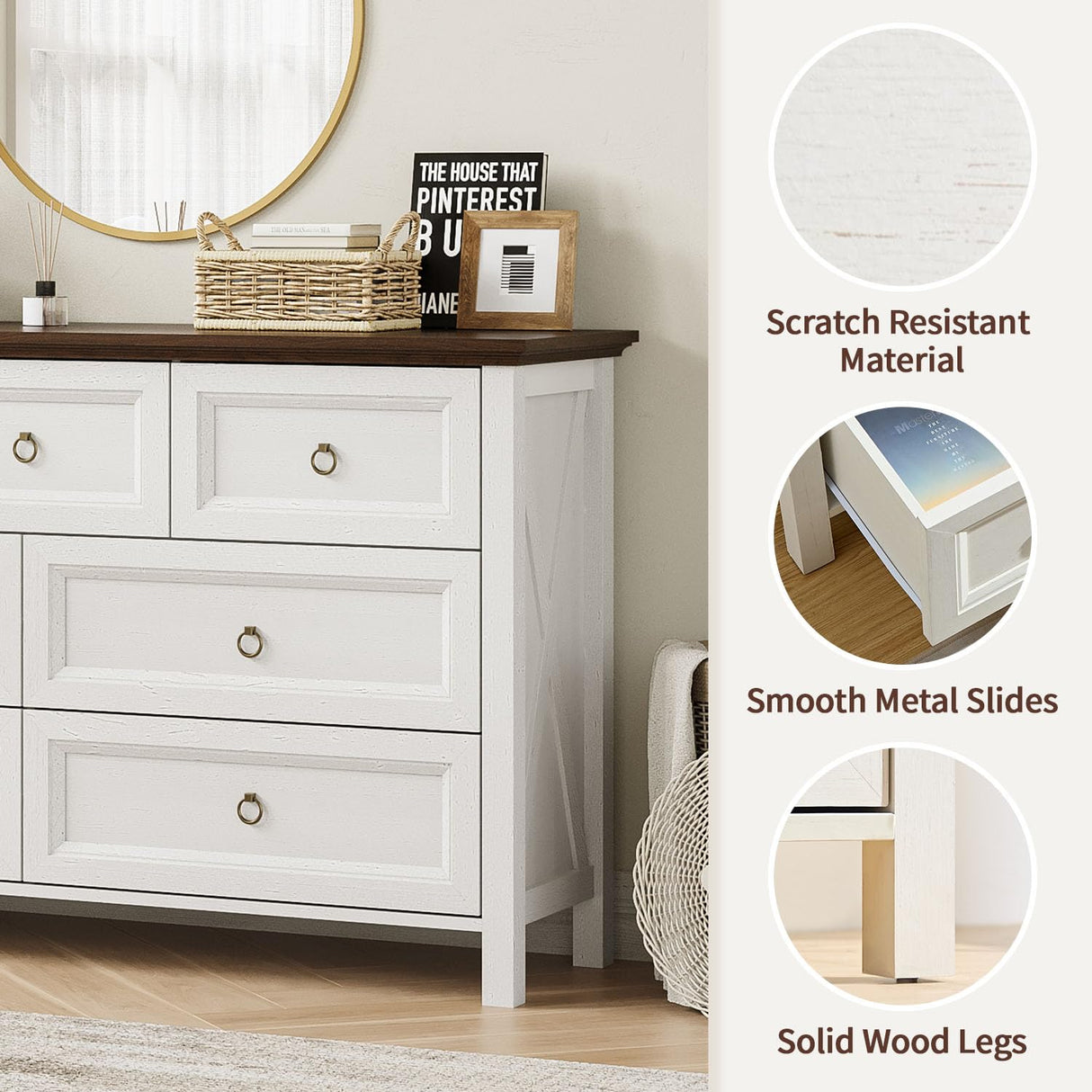 7 Drawer Dresser for Bedroom, 54" Farmhouse Dresser, Rustic Chest of Drawers, White Dresser with Barn Design, Brown Tabletop & Antique Bronze Handles, Wood Dresser for Closet, Bedroom Dressers Angel Sar