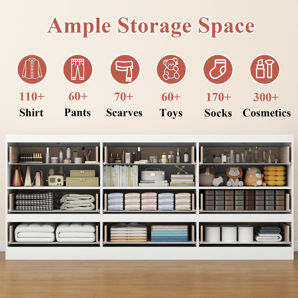 Loomie 9 Drawer Triple Dresser with Charging Station & Led Lights for Bedroom,Long 63" White Dresser TV Stand for TVs up to 75",Wide Large Drawer Dressers Organizer with 3 Open Cubbies for Hallway Loomie