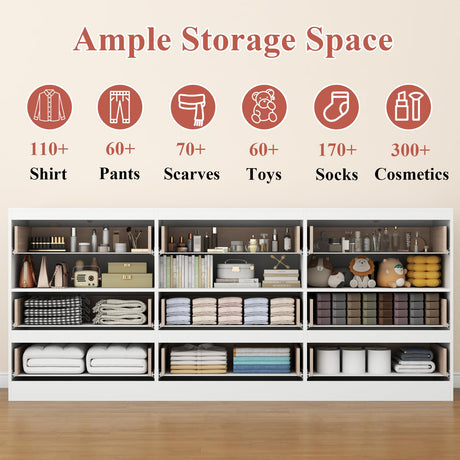 Loomie 9 Drawer Triple Dresser with Charging Station & Led Lights for Bedroom,Long 63" White Dresser TV Stand for TVs up to 75",Wide Large Drawer Dressers Organizer with 3 Open Cubbies for Hallway Loomie