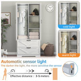 Armoire Wardrobe Closet, 72'' Wardrobe Cabinet with 2 Drawers & Mirror, 2 Doors Bedroom Clothes Closet with Hanging Rod & Built-in Light, Wooden Wardrobe Cabinet with Adjustable Shelf for Bedroom Rumiiro