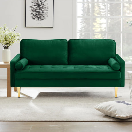 RXRRXY 67" Modern Velvet Loveseat Sofa Couch, Mid-Century Tufted Upholstered Small Love Seat Couch with 2 Pillows & 4 Golden Legs, 2-Seats Couches for Compact Space, Living Room, Apartment (Emerald) RXRRXY