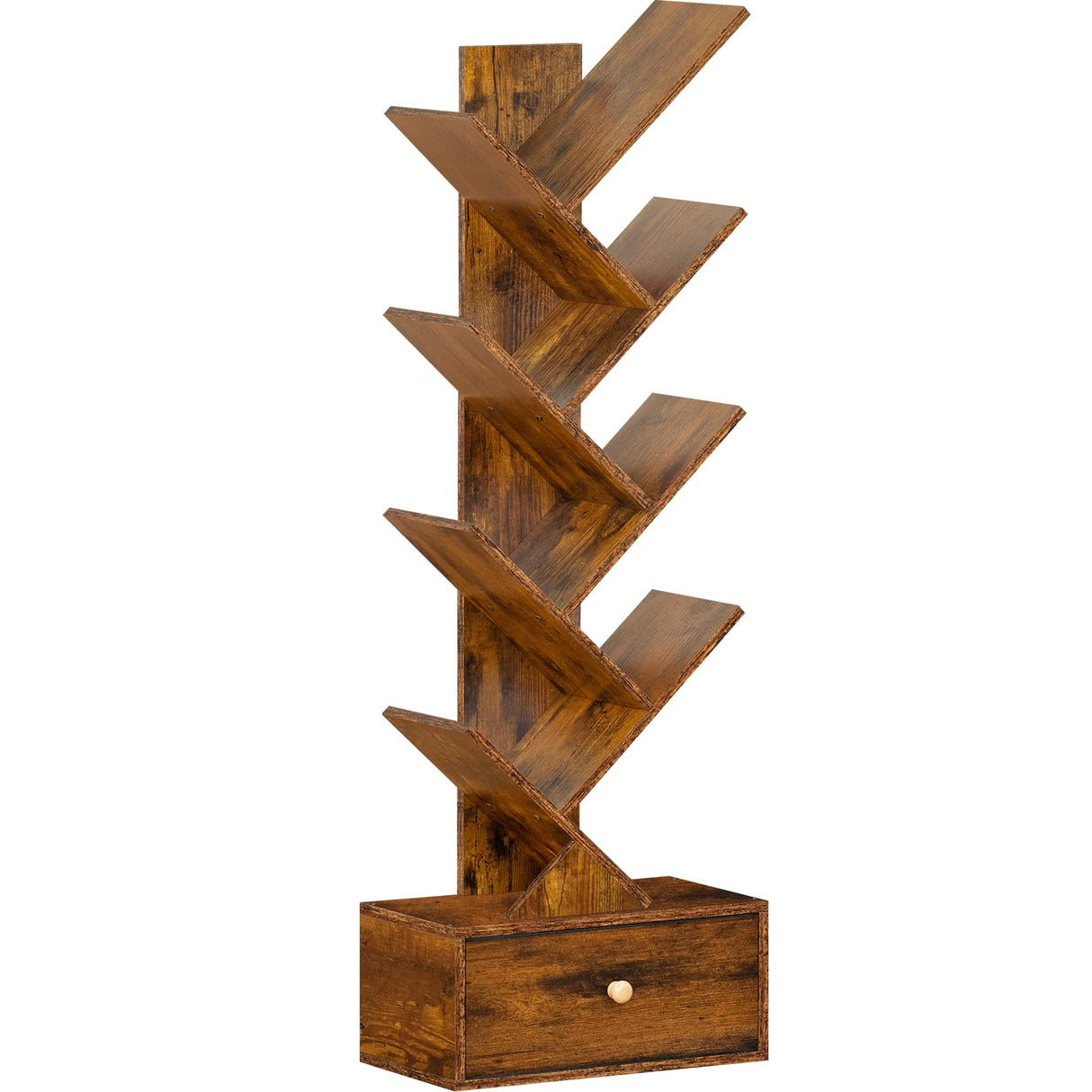 SHEEPAM 8-Tier Tree Bookshelf with Drawer - Rustic Brown Free Standing Bookcase for Small Spaces SHEEPAM