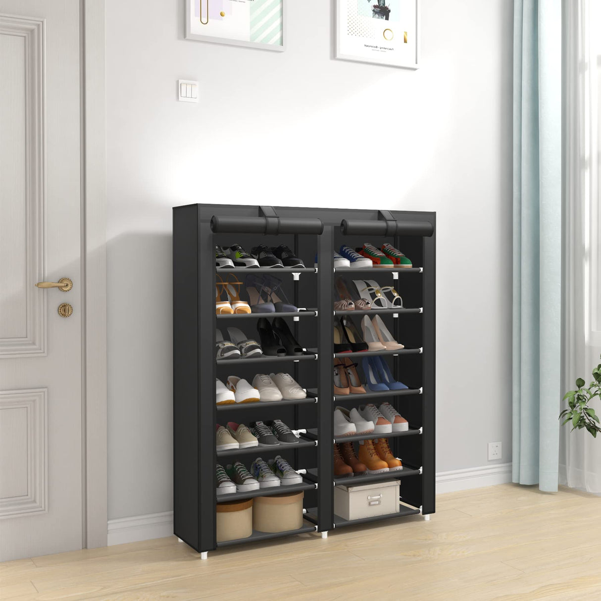 JIUYOTREE 7-Tier Shoe Storage Organizer with Dustproof Cover - Closet Cabinet Shelf Holds up to 28 Pairs - for Doorway, Corridor, Balcony, Living Room - Black JIUYOTREE