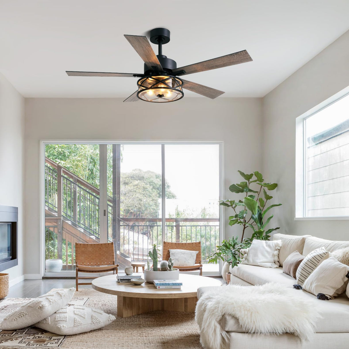 APBEAMLighting Farmhouse Ceiling Fans with Lights and Remote Control, 52 Inch Rustic Fandelier Ceiling Fan with Bubble Glass Shade 6-Speed Caged Ceiling Fan for Living Dining Room Bedroom,Walnut/Brown APBEAMLighting