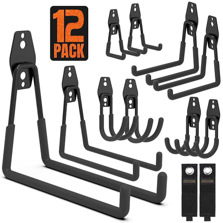 SMARTOLOGY Garage Hooks, 12 Pack Wall Mount Storage Holders with 2 Extension Cord Storage Straps, Heavy Duty for Utility Organizer, Garden Lawn Tools, Ladders Hanger, Bike SMARTOLOGY